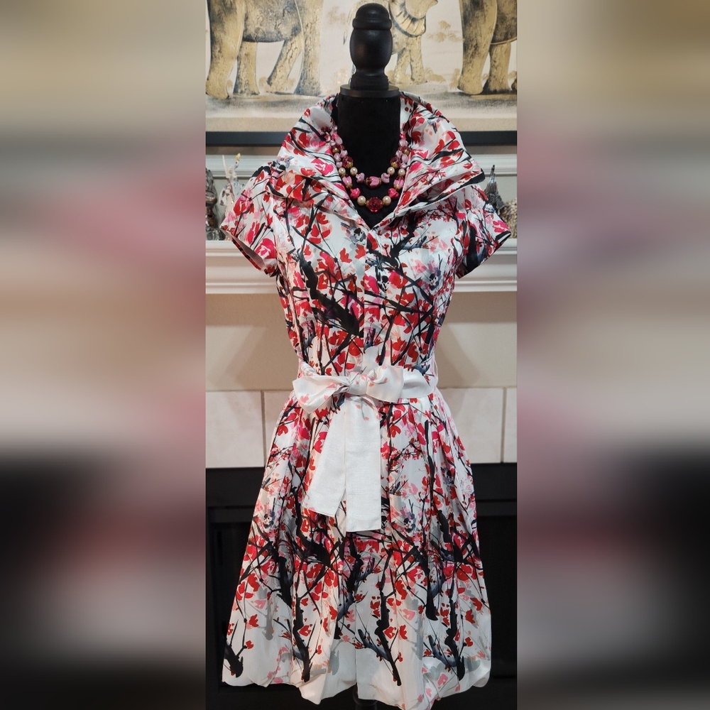 Samuel Dong Red White Cherry Blossoms Wired Double Collar Zip Front Dress